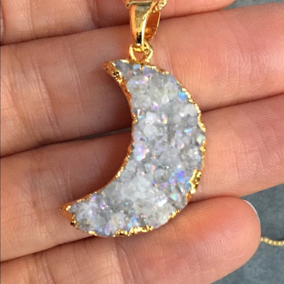 Gold Crescent Moon Druzy Pendant Geode Necklace - Picture 4 of 8